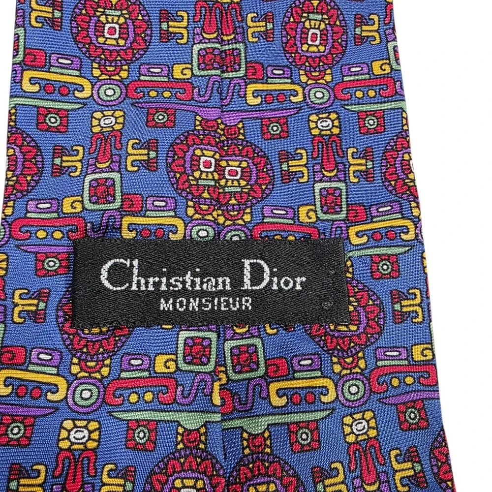 Christian Dior Mens Silk Jacquard Pattern Tie‎ Purple Green Geometric Designer